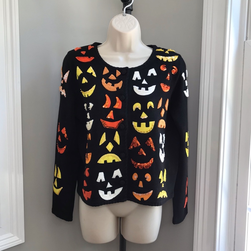 Vintage Michael Simon Halloween Carved Pumpkins Cardigan Sweater ~ Women’s Small